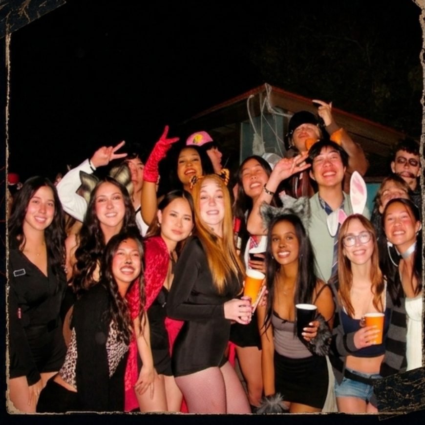 Grupo de amigos fantasiados sorrindo juntos na festa